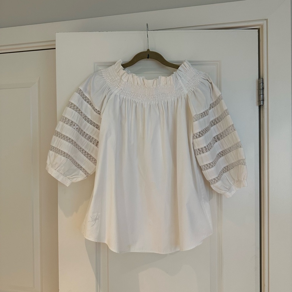 Mi Golondrina, OS, white off the shoulder long sleeve top w cut out sleeves